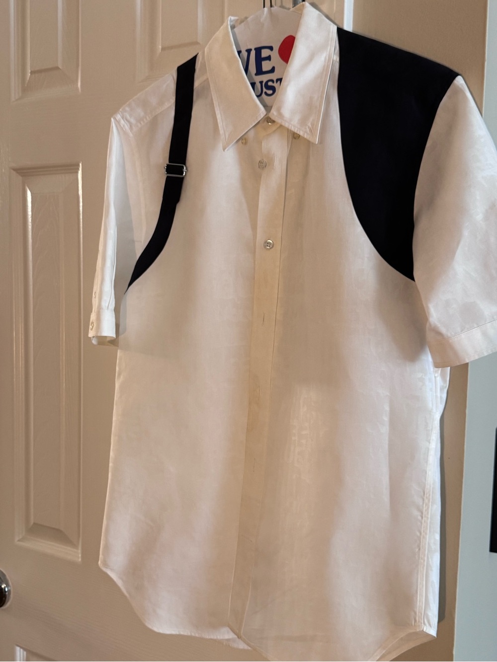 Men's White Short-Sleeve Shirt with Black Shoulder Panels